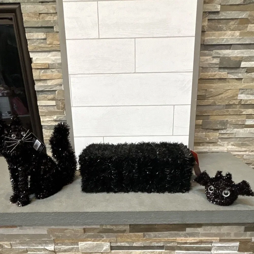 Ashland Halloween Black Tinsel Sitting Cat & Bat Decor w/ Faux Straw Bale